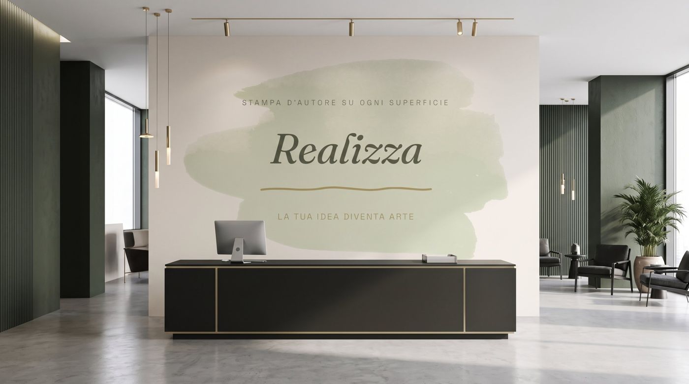 Reception con il marchio Realizza stampato a tutta parete