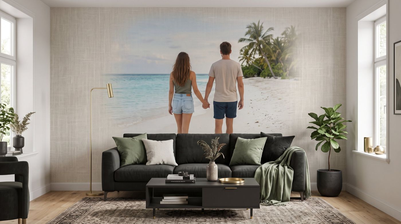 Soggiorno con parete panoramica in effetto tela che riproduce una spiaggia tropicale